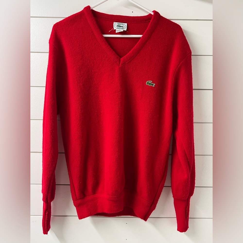 Vintage Lacoste V-neck Wool Sweater Red Mens Size M Made in USA